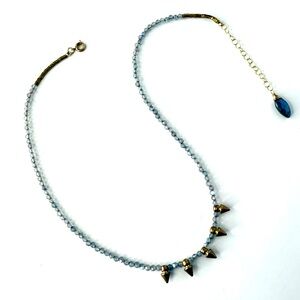 Gray Labradorite Beaded Necklace, Vintage Brass Pendants